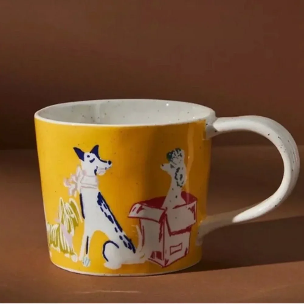 Anthropologie 2 Piece Set Dog Pet Shop Mugs NEW 2 Mugs New in box Yellow